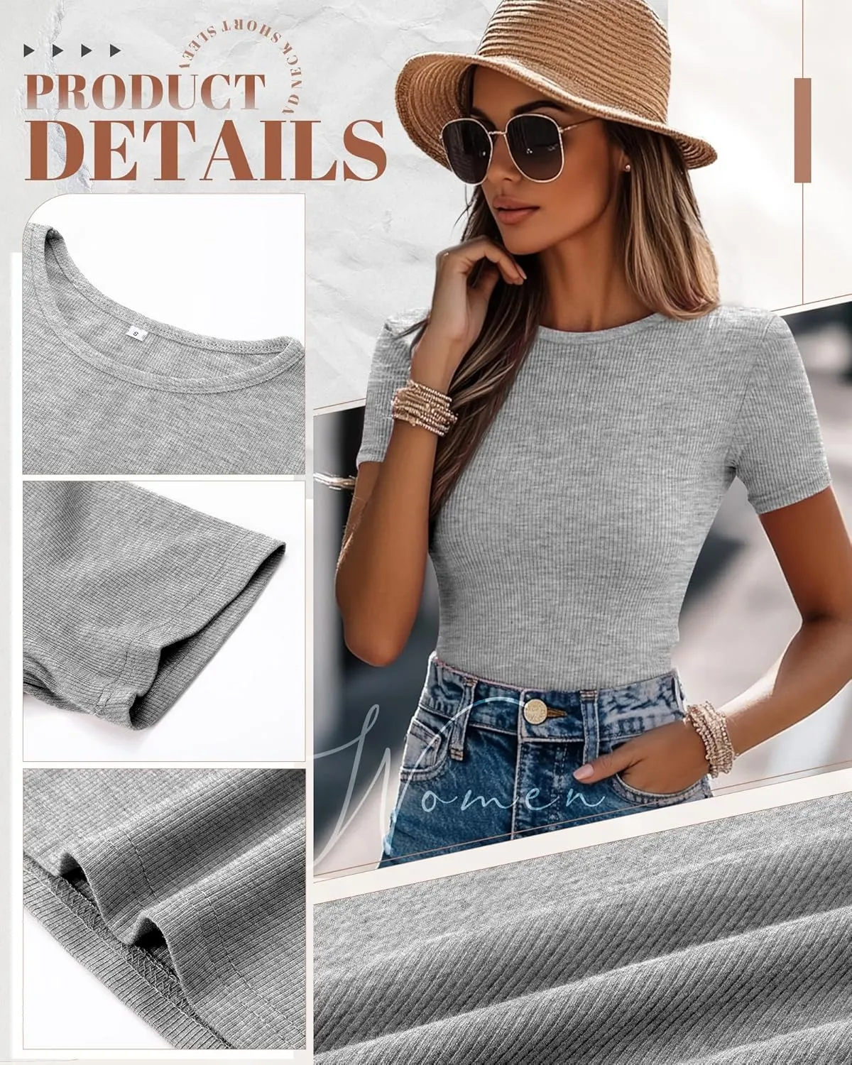 Ficerd 3 Pack Women's Ribbed T-Shirts, Cotton Short Sleeve Basic Tees Crewneck Fitted Tops Casual Shirts 2025 Summer Trendy