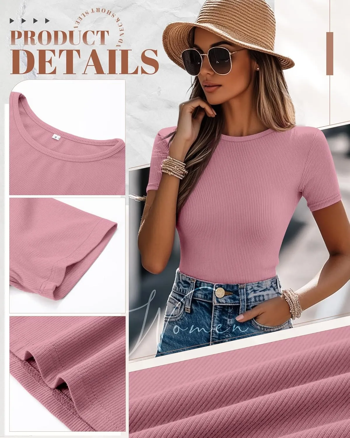 Ficerd 3 Pack Women's Ribbed T-Shirts, Cotton Short Sleeve Basic Tees Crewneck Fitted Tops Casual Shirts 2025 Summer Trendy