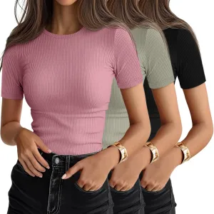 Ficerd 3 Pack Women's Ribbed T-Shirts, Cotton Short Sleeve Basic Tees Crewneck Fitted Tops Casual Shirts 2025 Summer Trendy