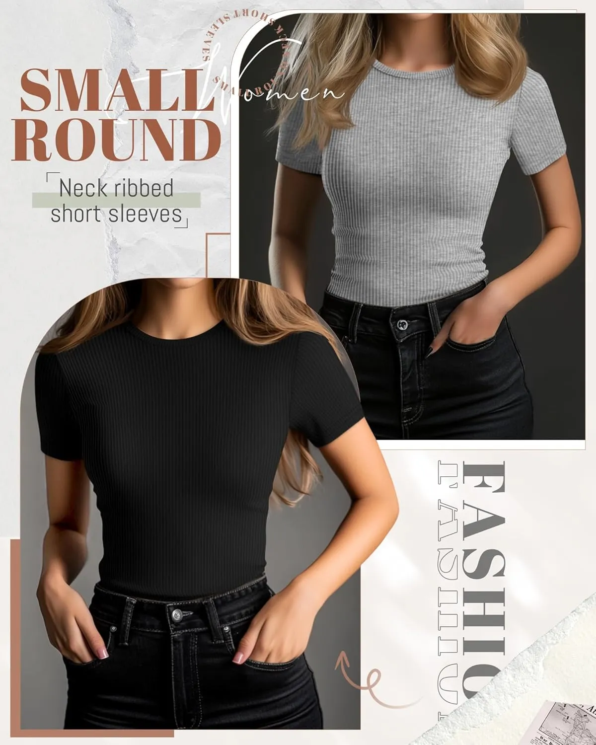 Ficerd 3 Pack Women's Ribbed T-Shirts, Cotton Short Sleeve Basic Tees Crewneck Fitted Tops Casual Shirts 2025 Summer Trendy