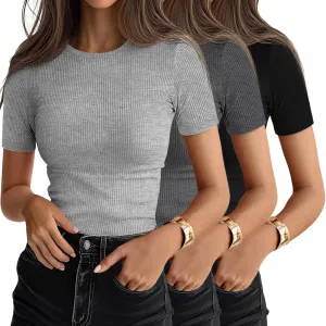 Ficerd 3 Pack Women's Ribbed T-Shirts, Cotton Short Sleeve Basic Tees Crewneck Fitted Tops Casual Shirts 2025 Summer Trendy