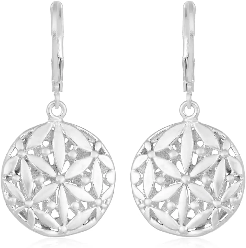 Fine Designs 925 Sterling Silver Plating Lotus Flower Blossom Teardrop Dangle Snap Hook Earrings (Textured)