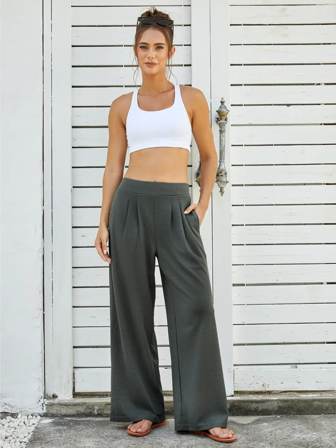 FireSwan Women's Wide Leg Palazzo Pants High Elastic Waist Casual Work Pants Flowy Dress Trousers with Pockets