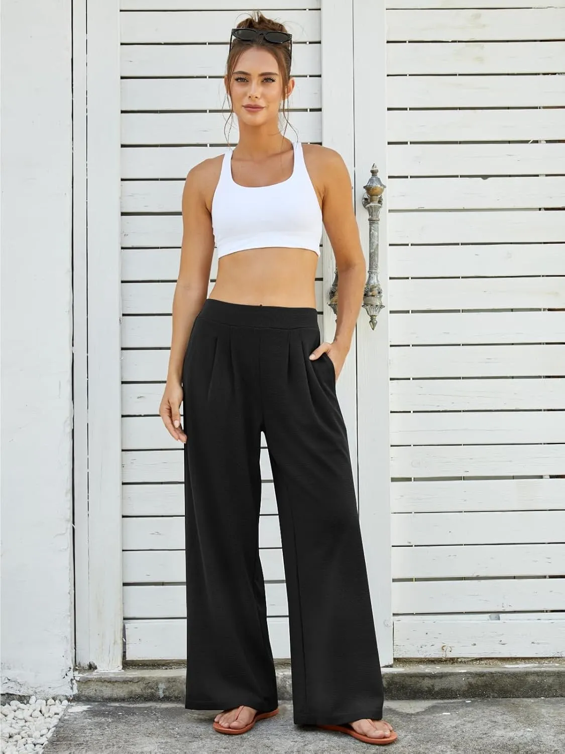 FireSwan Women's Wide Leg Palazzo Pants High Elastic Waist Casual Work Pants Flowy Dress Trousers with Pockets