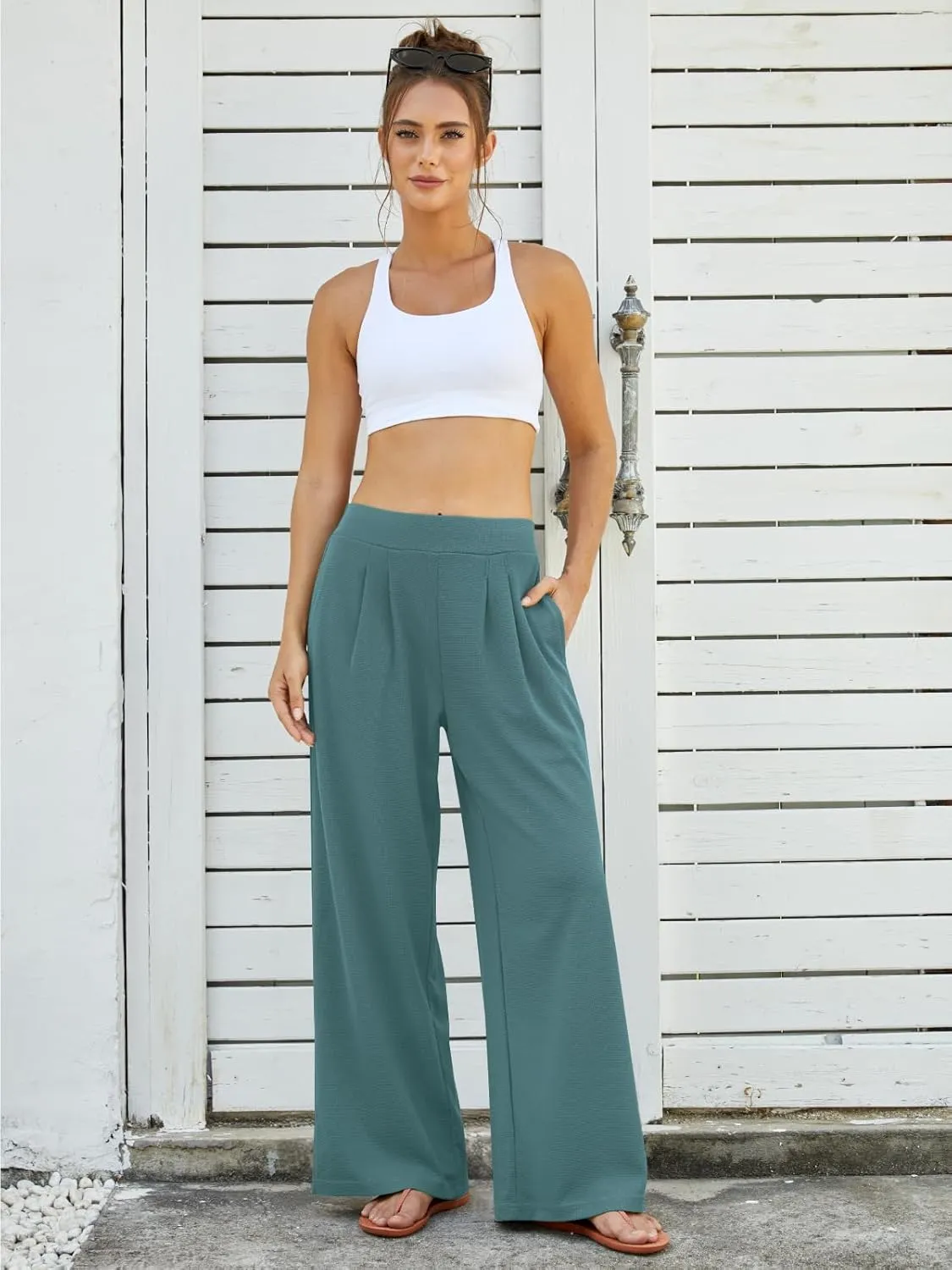 FireSwan Women's Wide Leg Palazzo Pants High Elastic Waist Casual Work Pants Flowy Dress Trousers with Pockets