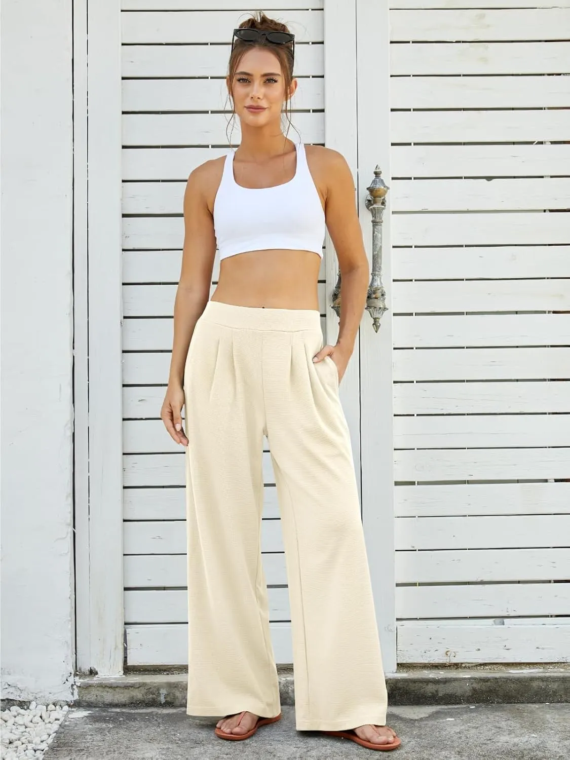 FireSwan Women's Wide Leg Palazzo Pants High Elastic Waist Casual Work Pants Flowy Dress Trousers with Pockets