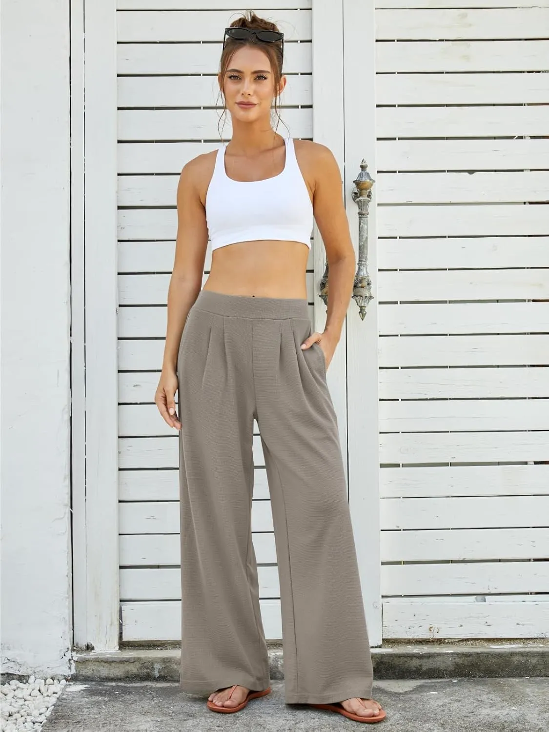 FireSwan Women's Wide Leg Palazzo Pants High Elastic Waist Casual Work Pants Flowy Dress Trousers with Pockets