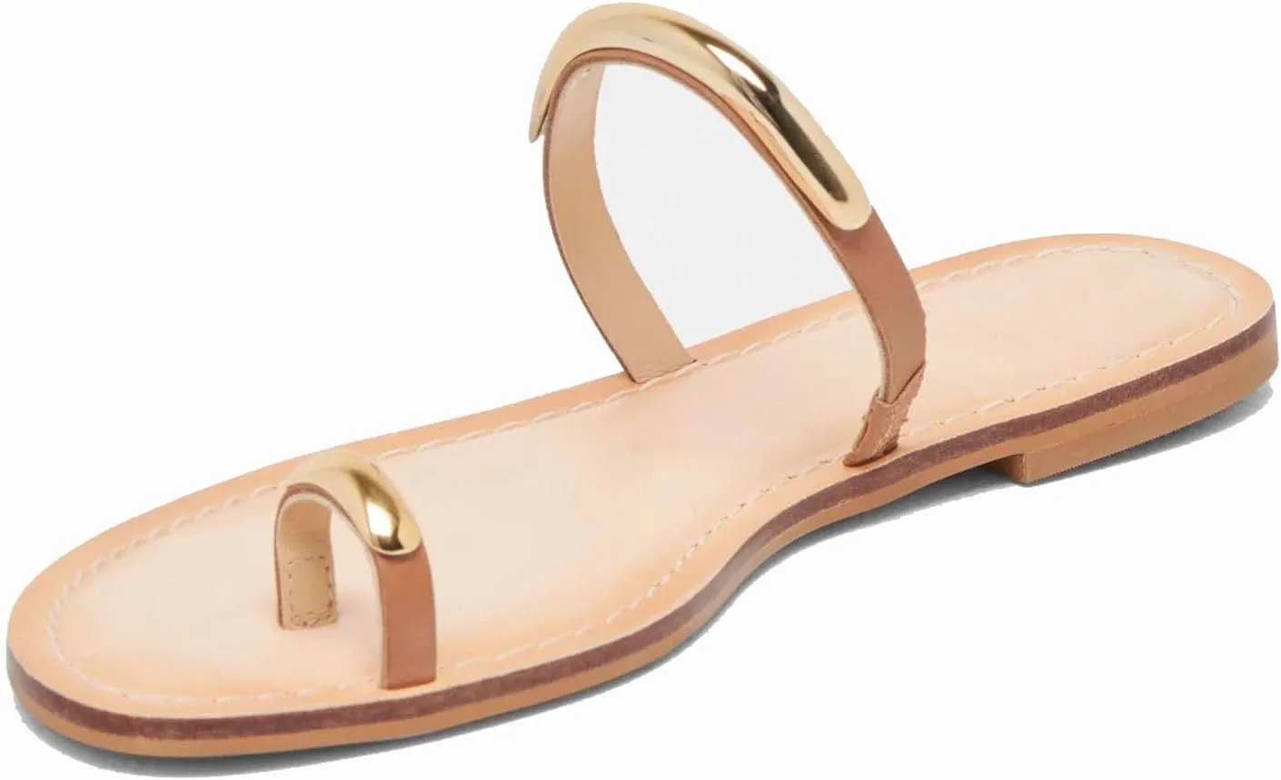 Flat Sandals for Women Metallic Toe Ring Slippers with Strap Comfortable Open Toe Summer Beach Flats Shoes(Brown,9)