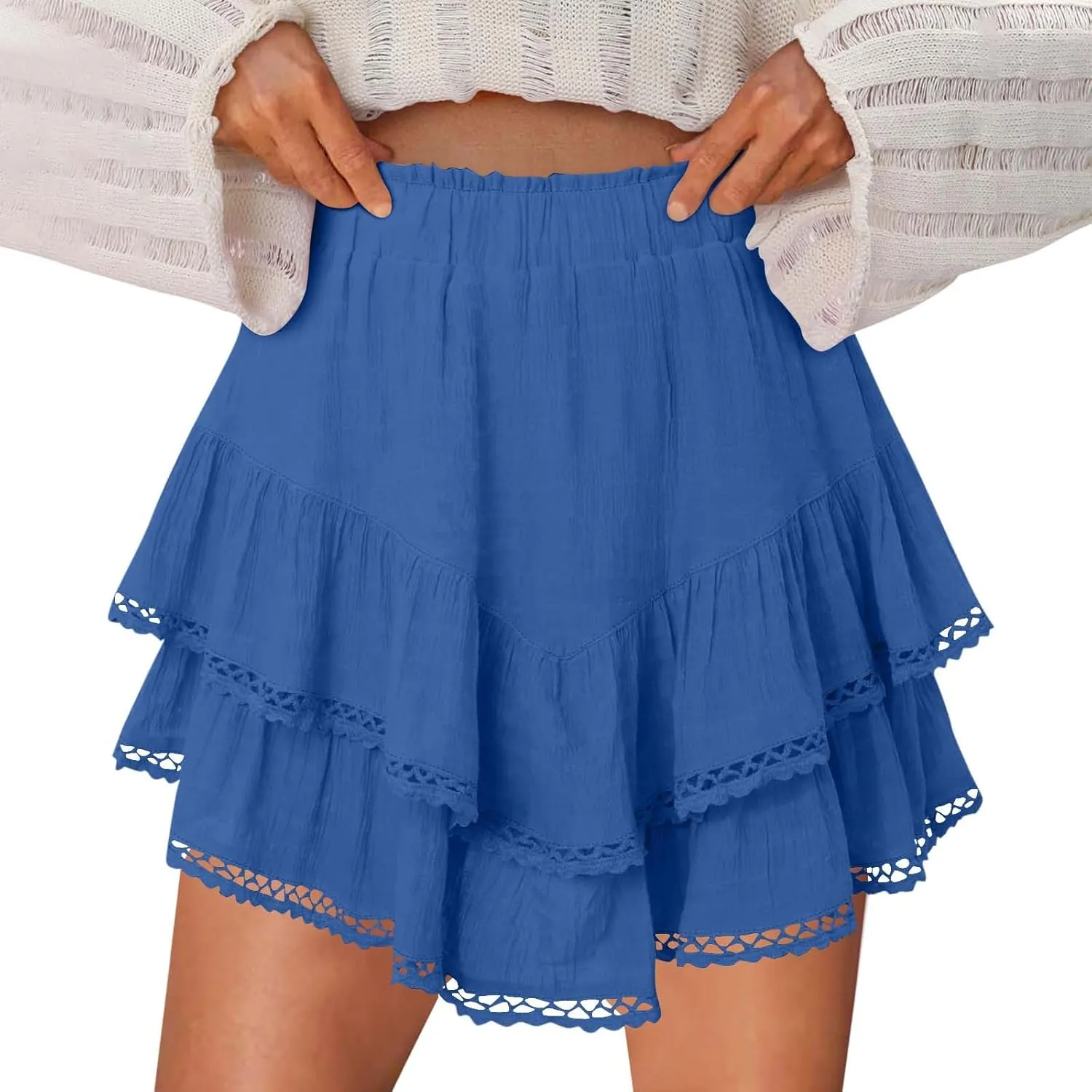 Flowy Shorts for Women Summer Casual Boho Ruffle Tiered Skorts High Waist Mini Skirts Golf Tennis Lace Crochet Shorts