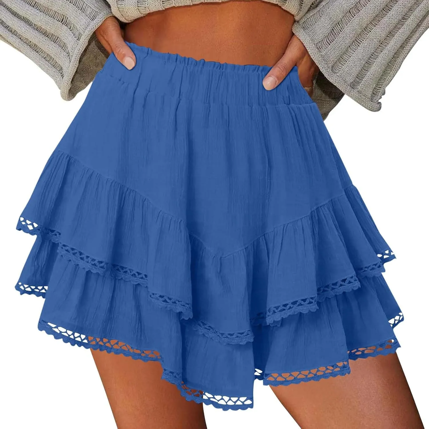 Flowy Shorts for Women Summer Casual Boho Ruffle Tiered Skorts High Waist Mini Skirts Golf Tennis Lace Crochet Shorts