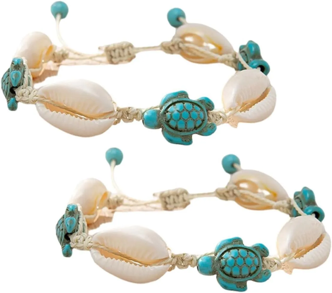 FRCOLOR Natural Shell Turtle Charm Bracelet Ocean-inspired Rope Strand Anklet for Women