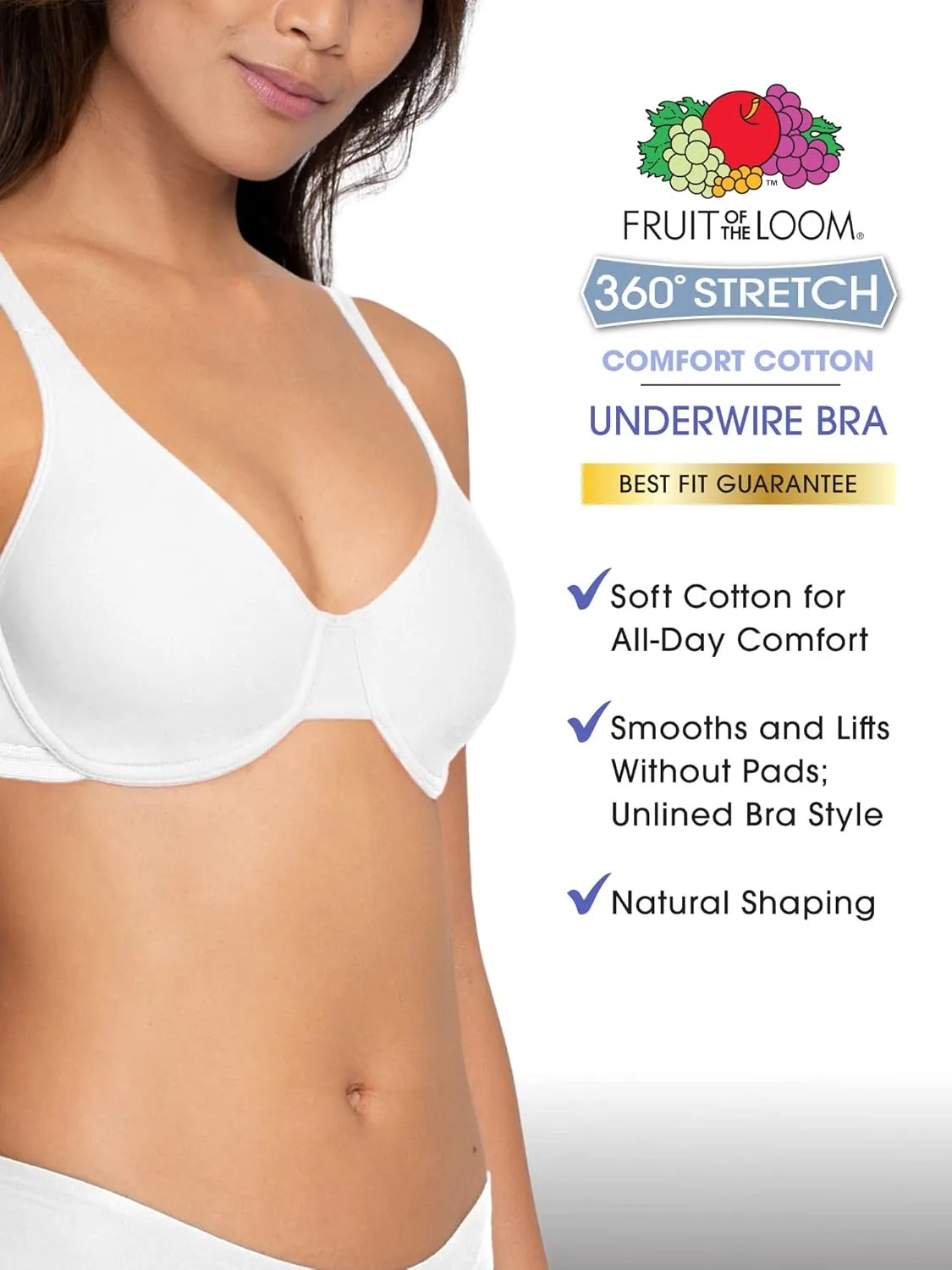Fruit of the Loom Women's Unlined Underwire Bra - Cotton & Spandex Blend for Natural Shape and Flexibility