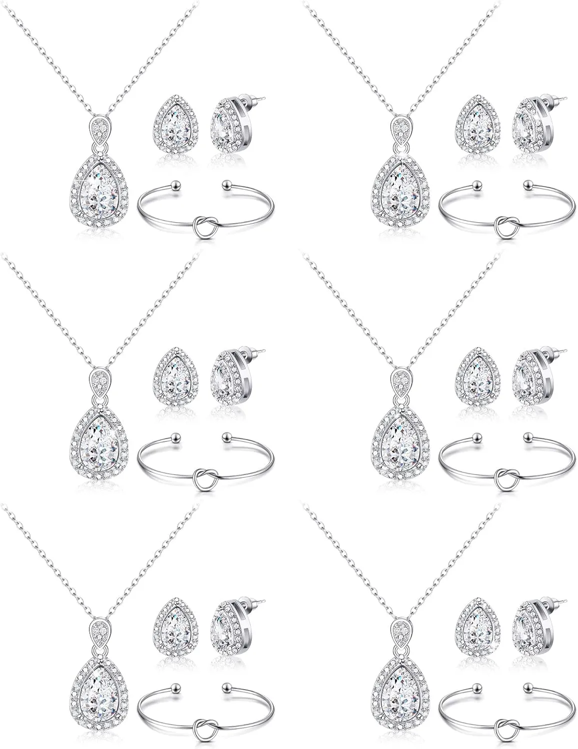 Fumete 6 Sets Bridesmaid Jewelry Gift Set Silver Rhinestone Drops Necklace Earrings Bracelet for Bridesmaid Bridal Wedding Party Favors