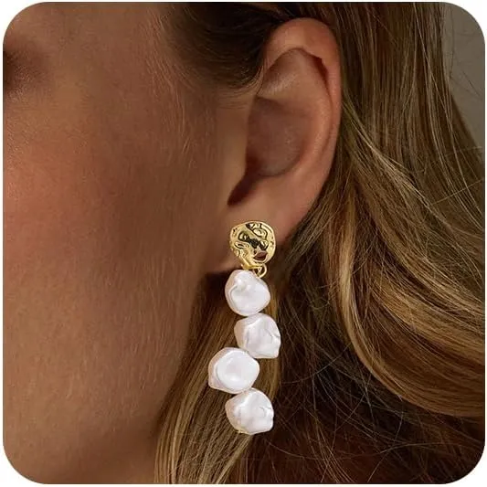 FUNEIA Statement Gold Pearl Earrings for Women Trendy 14K Gold Plated Dangle Earrings Elegant Formal Prom Wedding Bridal Long Big Large Baroque Pearl Drop Earrings Jewelry Gifts