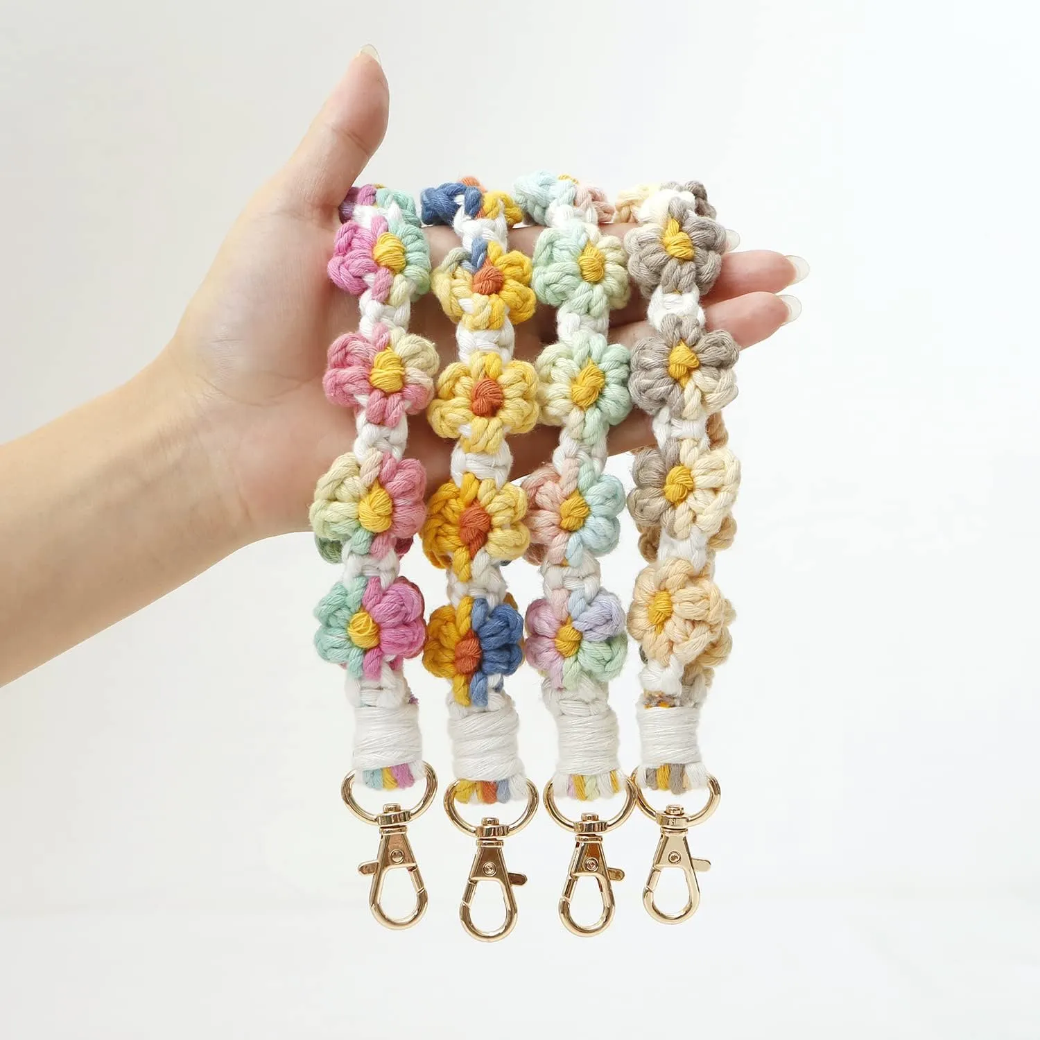 Fuqimanman2020 Boho Macrame Keychain Handmade Daisy Weave Wristlet Keychain Keyring Holder Bracelet Wrist Lanyard for Women