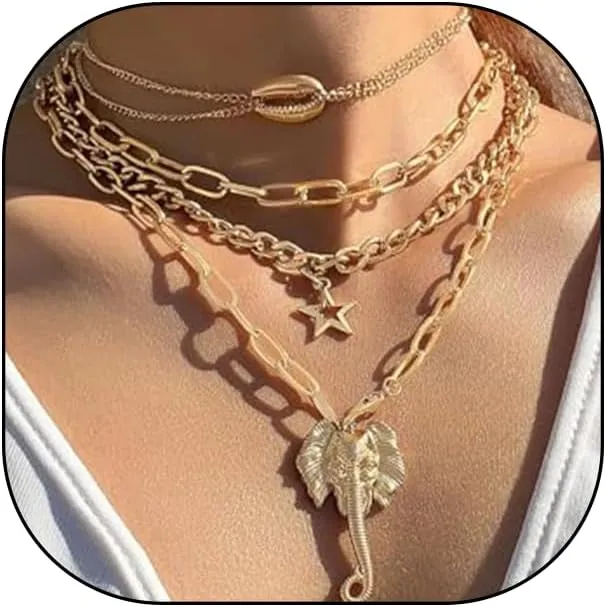 FUTIMELY 2Pcs Trendy Gold Star Elephant Necklaces for Women,Multi-Layered Stackable Choker Pendant Chain Necklace Set for Teen Girls Prom Beach Jewelry