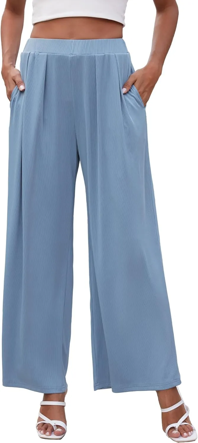 GEMLON Wide Leg Pants for Women Pleated Elastic Waisted Causal Pants Loose Palazzo Business Trousers with Pockets