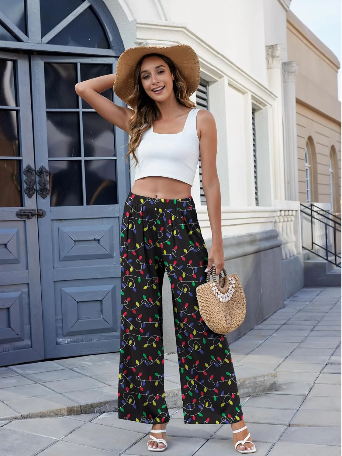 GEMLON Wide Leg Pants for Women Pleated Elastic Waisted Causal Pants Loose Palazzo Business Trousers with Pockets