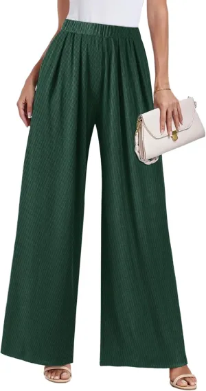 GEMLON Wide Leg Pants for Women Pleated Elastic Waisted Causal Pants Loose Palazzo Business Trousers with Pockets