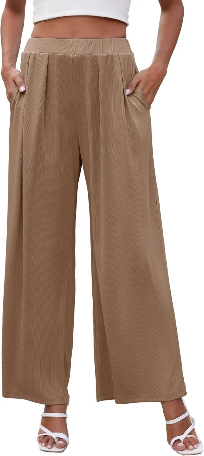 GEMLON Wide Leg Pants for Women Pleated Elastic Waisted Causal Pants Loose Palazzo Business Trousers with Pockets