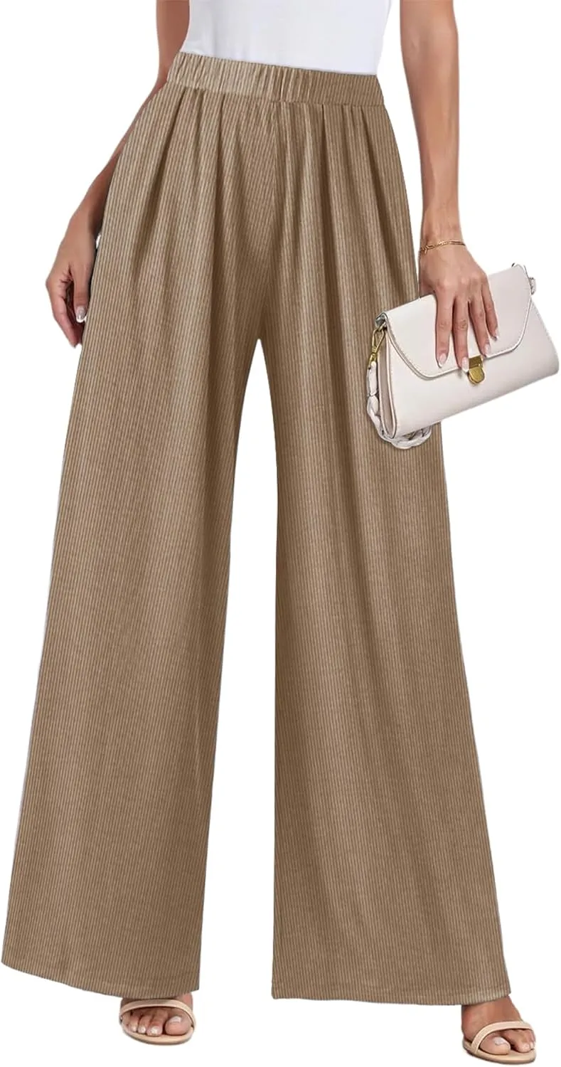 GEMLON Wide Leg Pants for Women Pleated Elastic Waisted Causal Pants Loose Palazzo Business Trousers with Pockets
