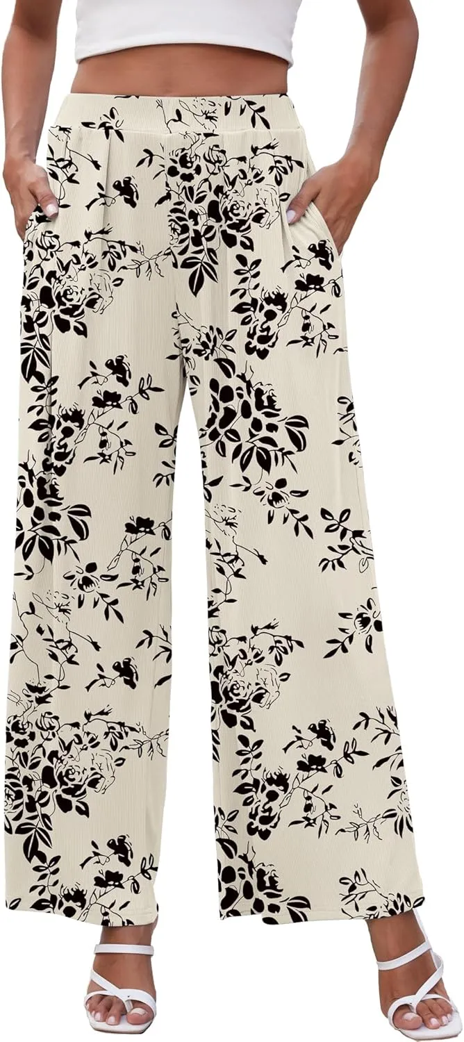 GEMLON Wide Leg Pants for Women Pleated Elastic Waisted Causal Pants Loose Palazzo Business Trousers with Pockets