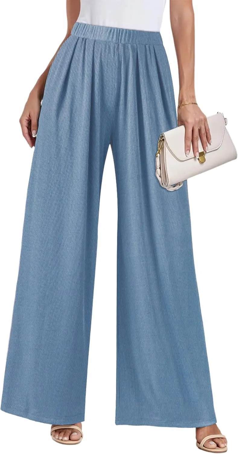GEMLON Wide Leg Pants for Women Pleated Elastic Waisted Causal Pants Loose Palazzo Business Trousers with Pockets