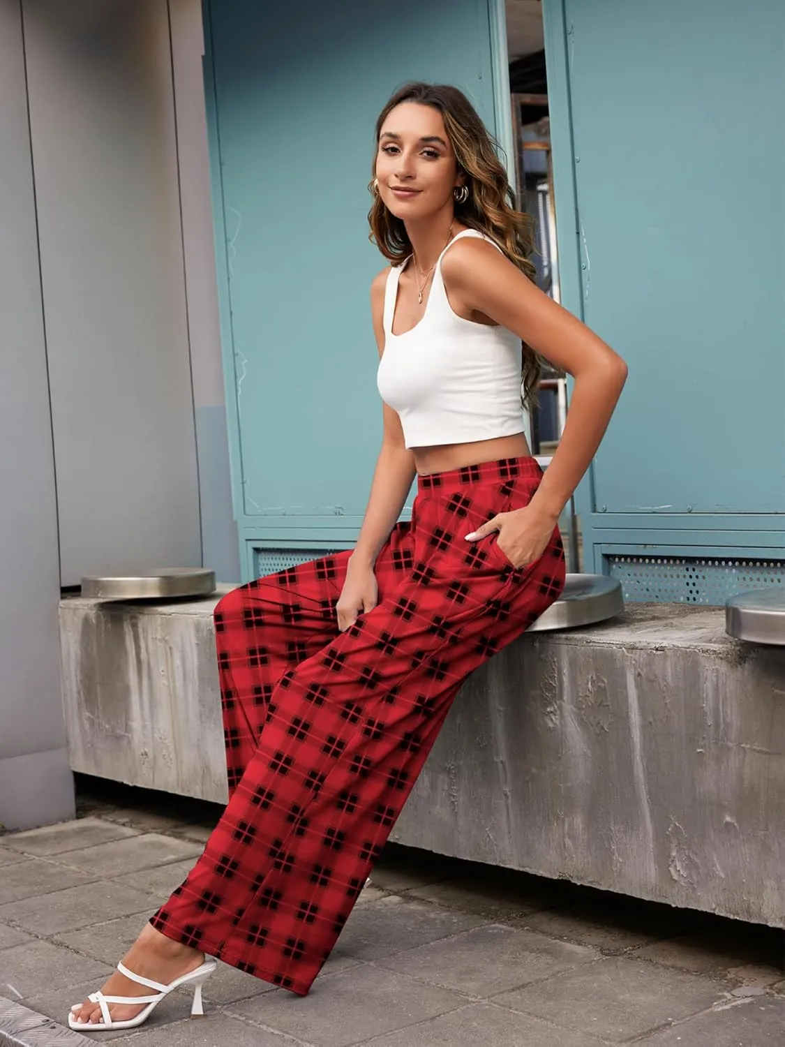 GEMLON Wide Leg Pants for Women Pleated Elastic Waisted Causal Pants Loose Palazzo Business Trousers with Pockets