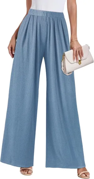 GEMLON Wide Leg Pants for Women Pleated Elastic Waisted Causal Pants Loose Palazzo Business Trousers with Pockets