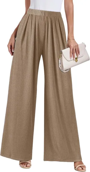GEMLON Wide Leg Pants for Women Pleated Elastic Waisted Causal Pants Loose Palazzo Business Trousers with Pockets