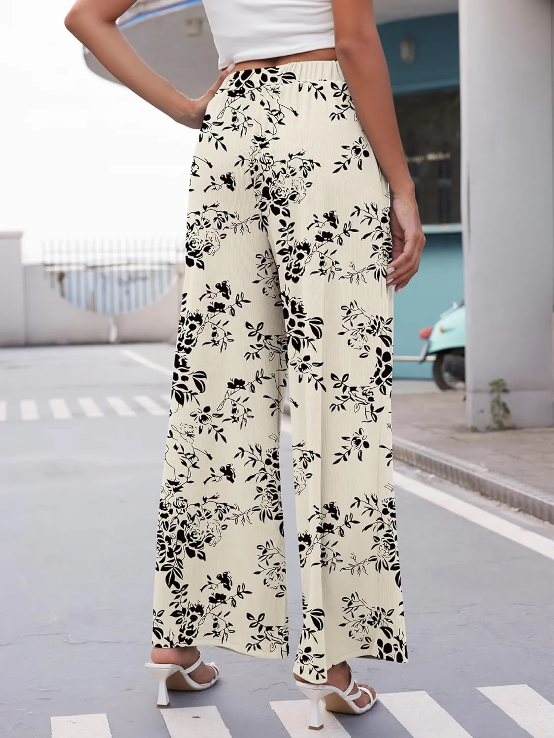 GEMLON Wide Leg Pants for Women Pleated Elastic Waisted Causal Pants Loose Palazzo Business Trousers with Pockets