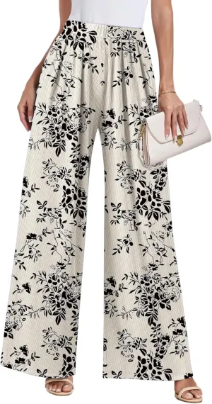 GEMLON Wide Leg Pants for Women Pleated Elastic Waisted Causal Pants Loose Palazzo Business Trousers with Pockets