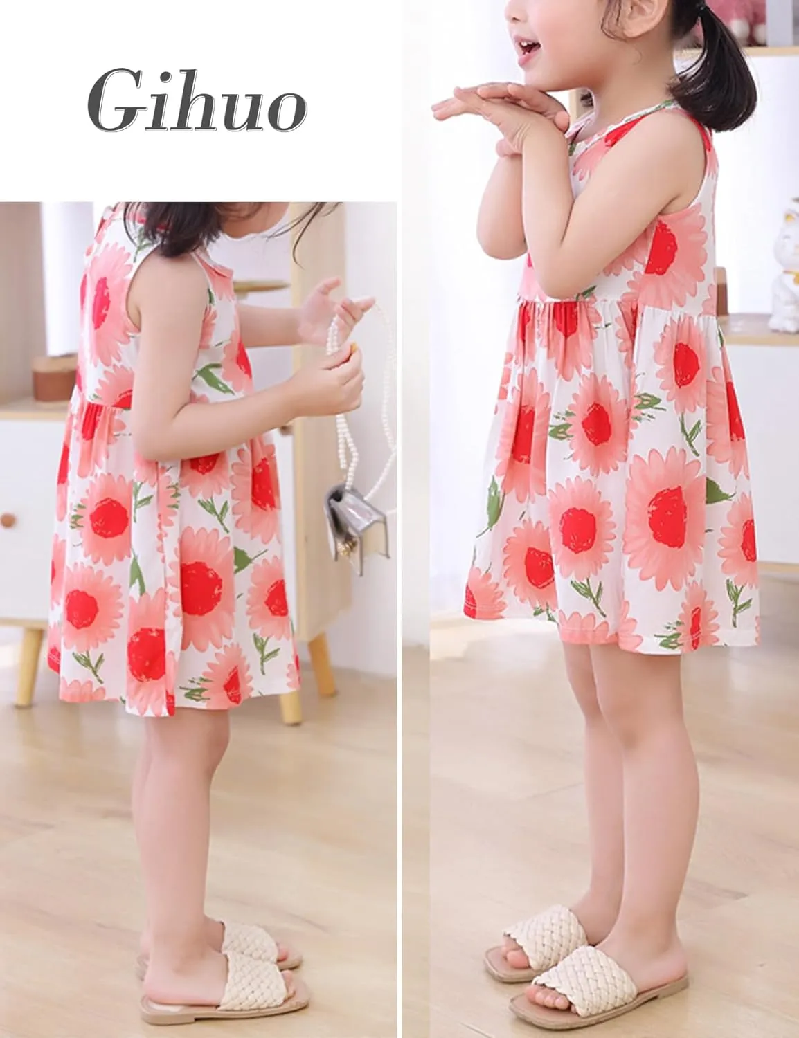 Gihuo Girls Floral Print Summer Dress Sleeveless Beach Sundress Toddler Casual Playwear Ruffle Hawaiian Dresses