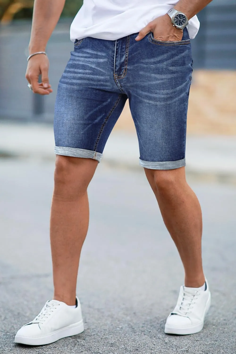 GINGTTO Denim Shorts Men Stretch Skinny Jean Shorts for Men
