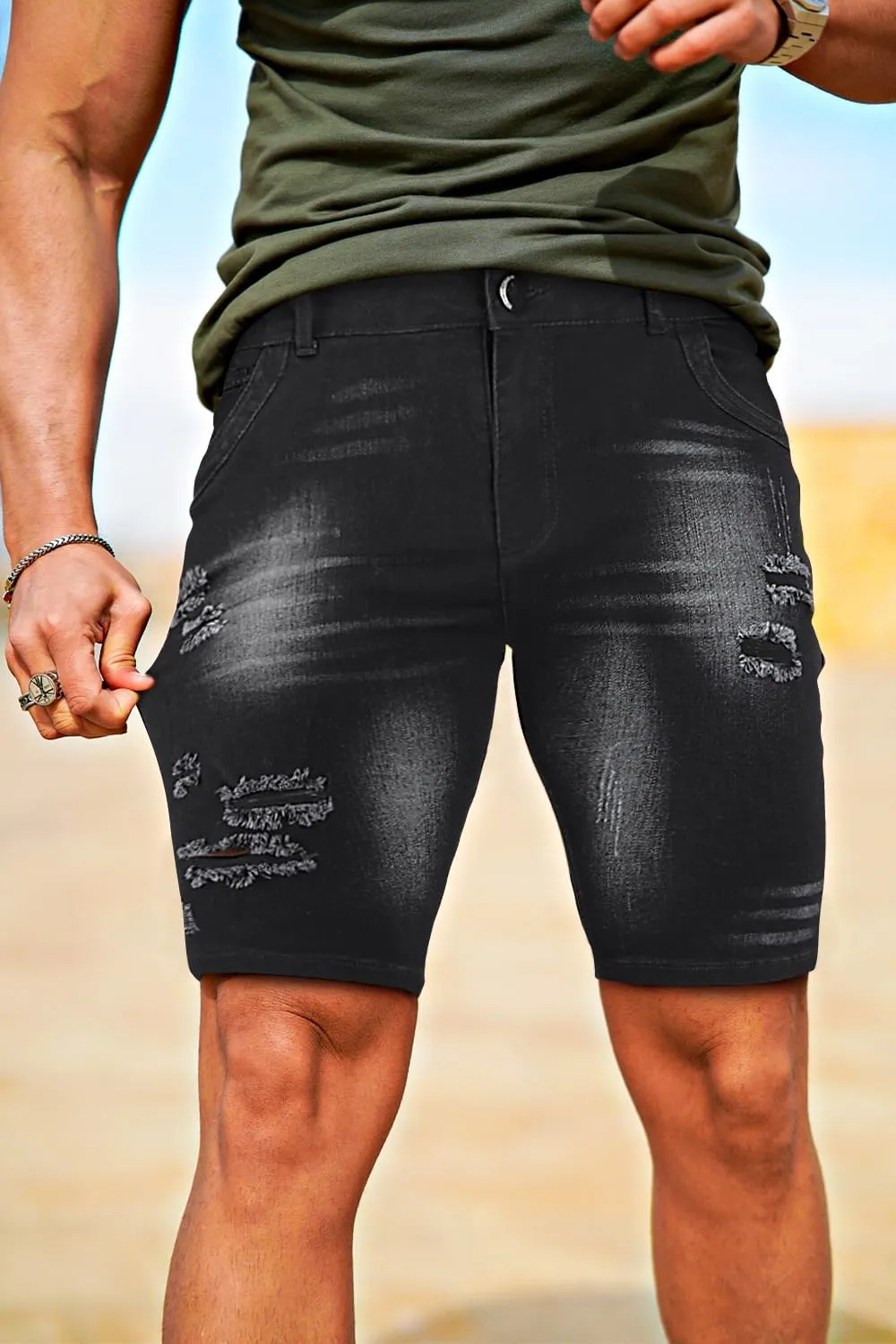 GINGTTO Men's Jean Shorts Ripped Slim Fit Stretch Denim Shorts