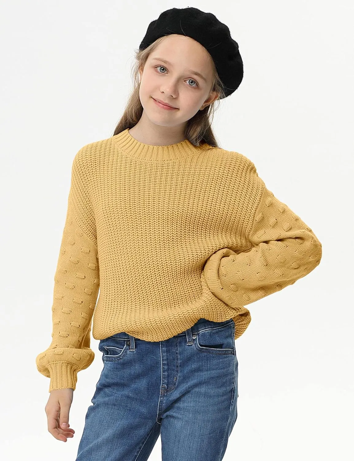 Girls Crewneck Knit Pullover Sweaters Long Lantern Sleeve Oversized Knit Cute Jumper Tops