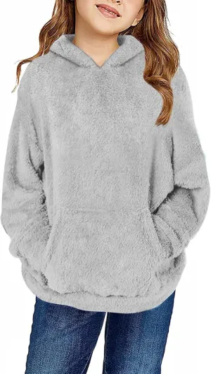 Girls Sherpa Fuzzy Hoodies Fall Winter Soft Comfy Fleece Sweatshirt Long Sleeve Solid Color Pullover Tops with Pocket