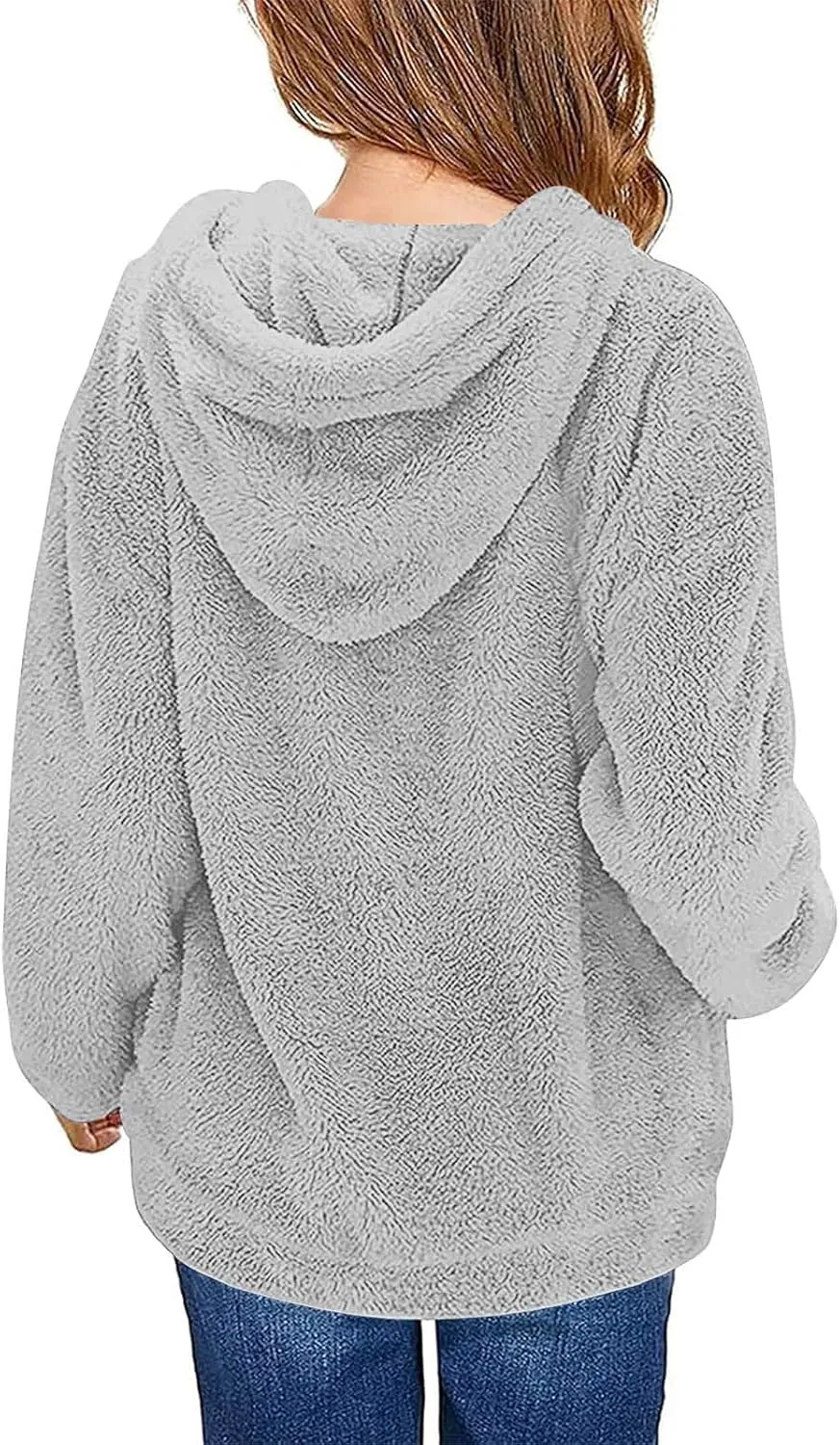 Girls Sherpa Fuzzy Hoodies Fall Winter Soft Comfy Fleece Sweatshirt Long Sleeve Solid Color Pullover Tops with Pocket