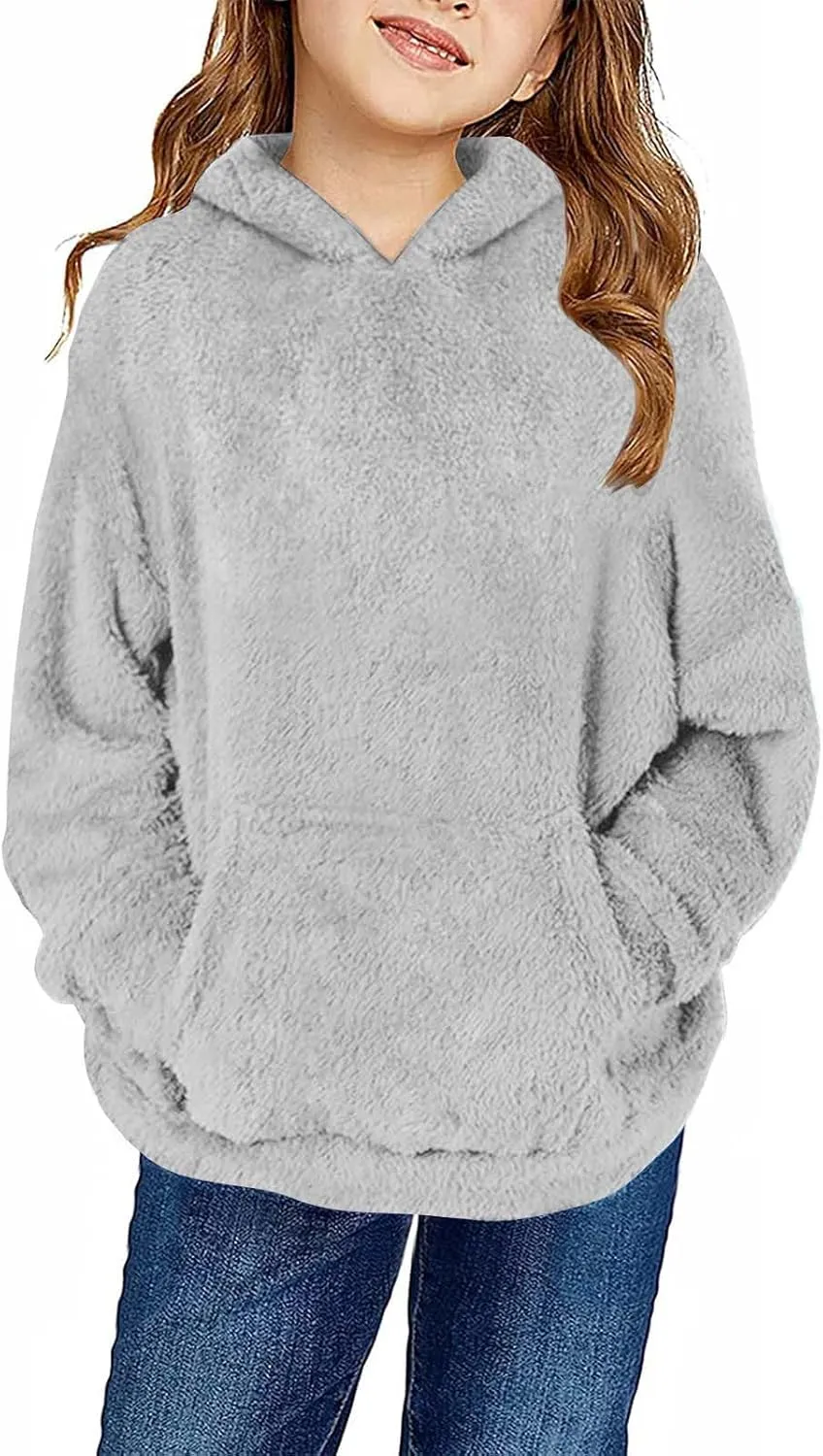 Girls Sherpa Fuzzy Hoodies Fall Winter Soft Comfy Fleece Sweatshirt Long Sleeve Solid Color Pullover Tops with Pocket