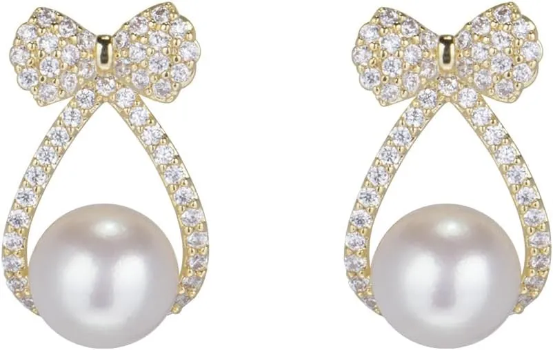 Glitter Pearl Bow Earrings Ribbon Bowknot Stud Earring Sparkly Rhinestone Bow Earrings Dangle for Women Pearl Jewelry