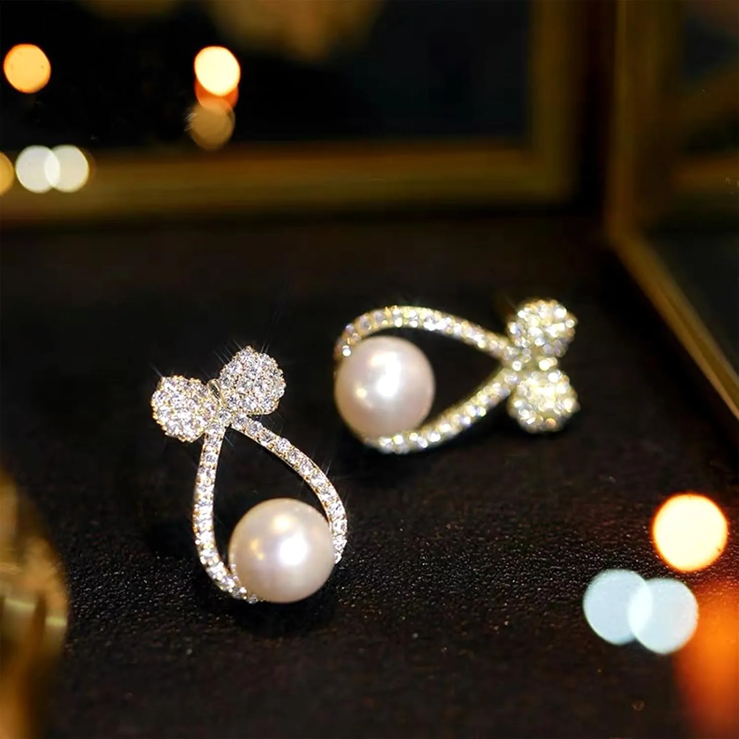 Glitter Pearl Bow Earrings Ribbon Bowknot Stud Earring Sparkly Rhinestone Bow Earrings Dangle for Women Pearl Jewelry