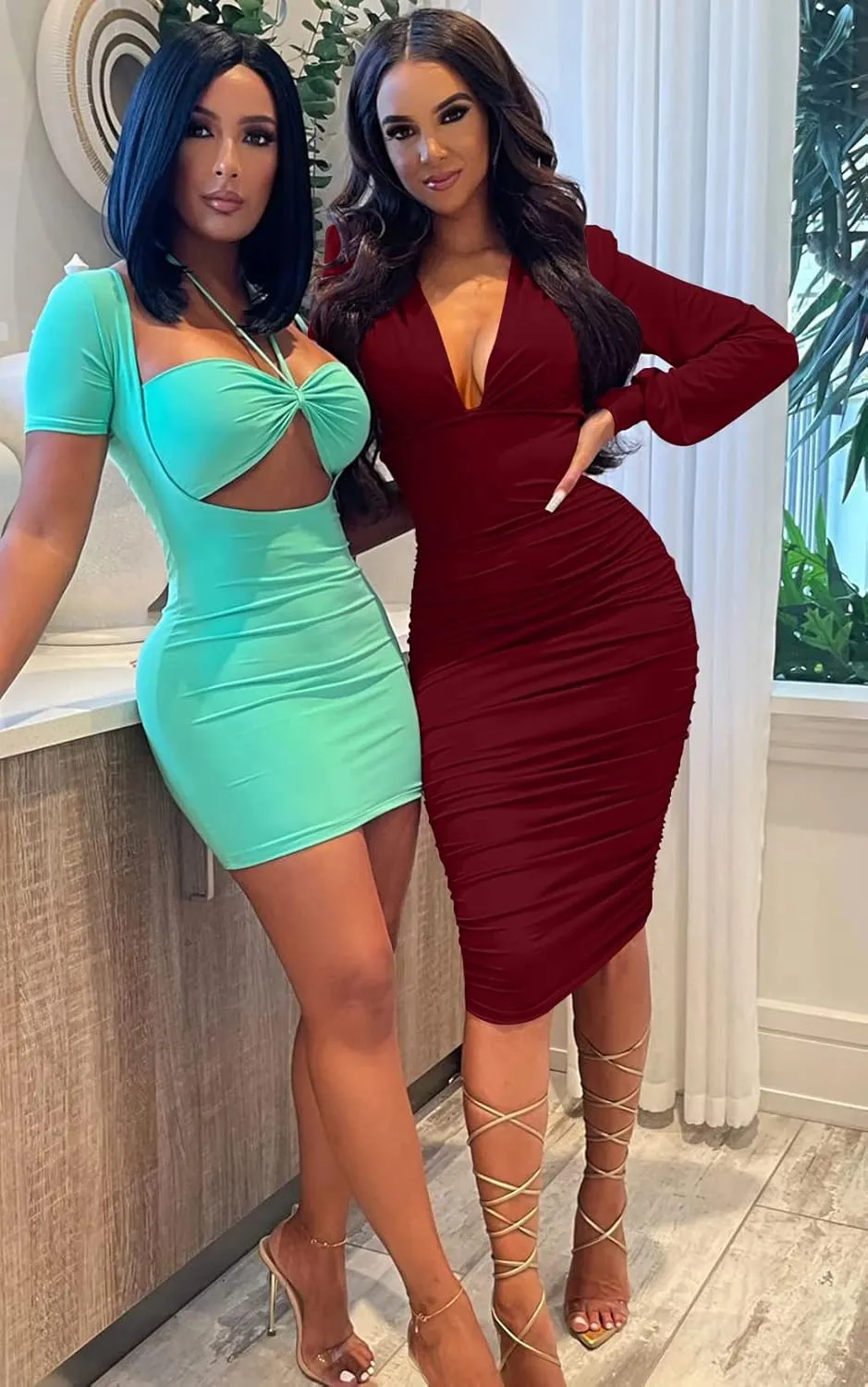 GOBLES Women's Sexy Deep V Neck Long Sleeve Ruched Bodycon Midi Party Dress