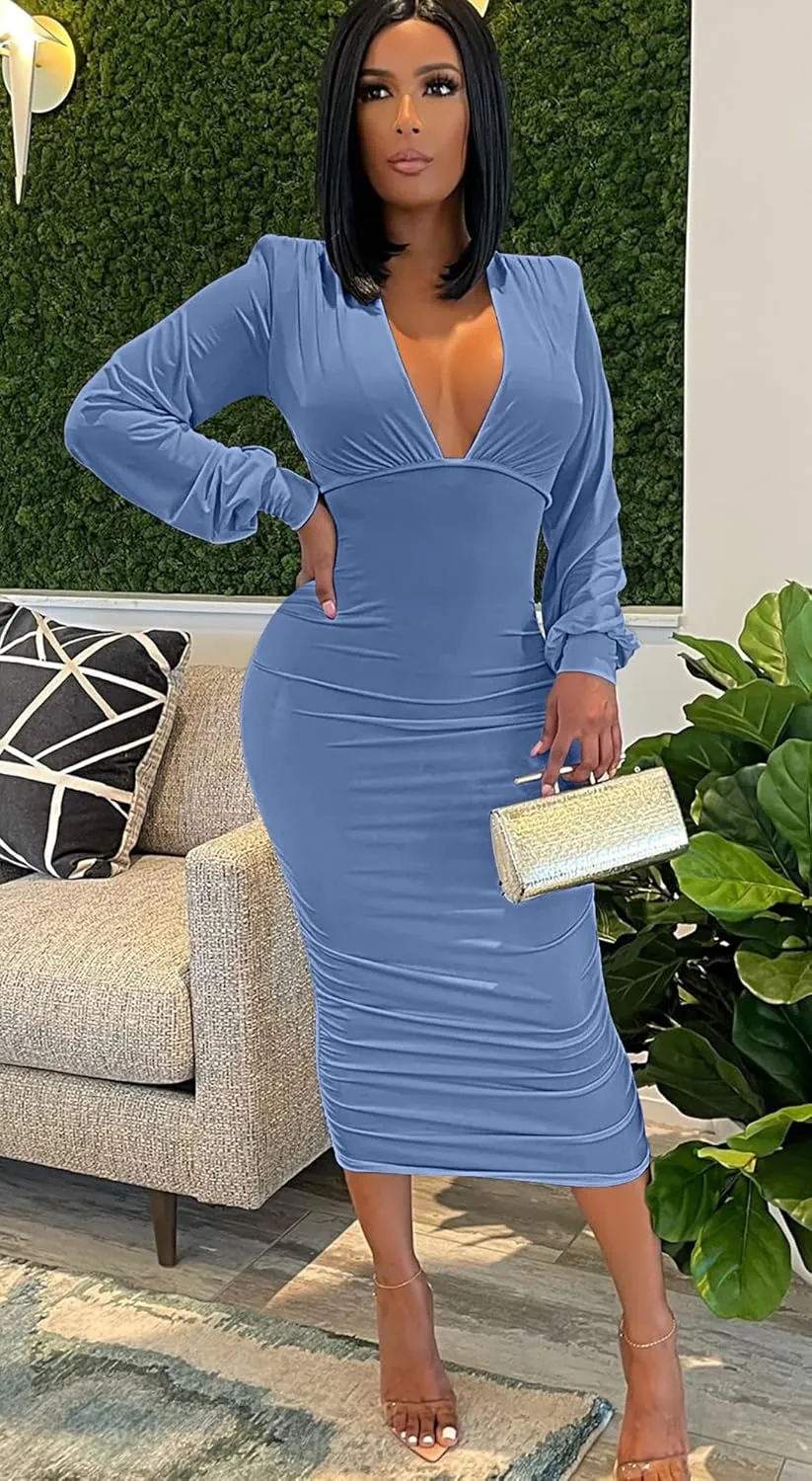 GOBLES Women's Sexy Deep V Neck Long Sleeve Ruched Bodycon Midi Party Dress