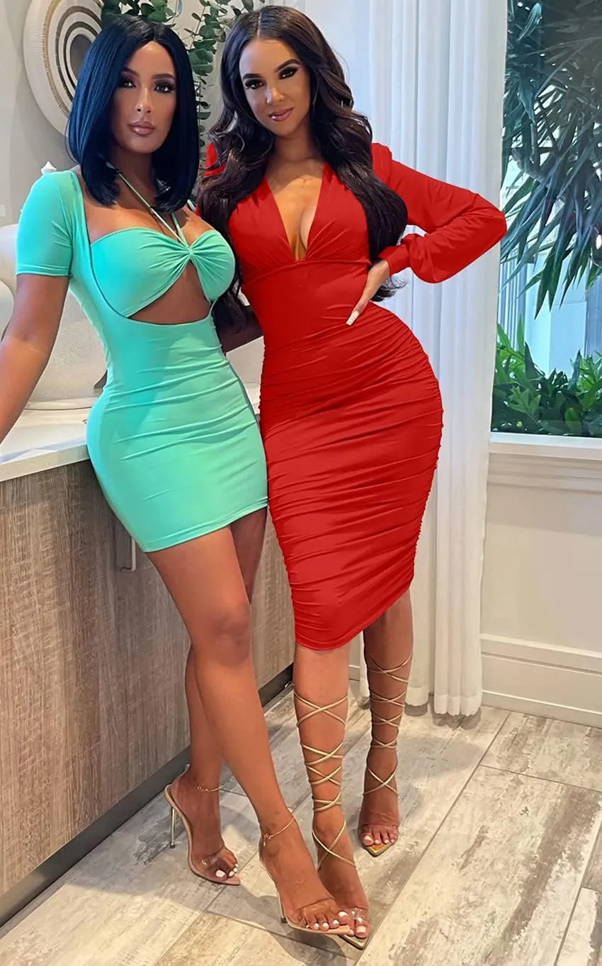 GOBLES Women's Sexy Deep V Neck Long Sleeve Ruched Bodycon Midi Party Dress