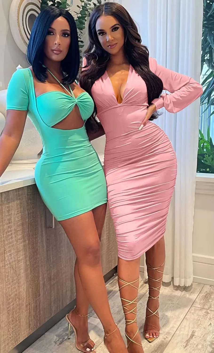 GOBLES Women's Sexy Deep V Neck Long Sleeve Ruched Bodycon Midi Party Dress