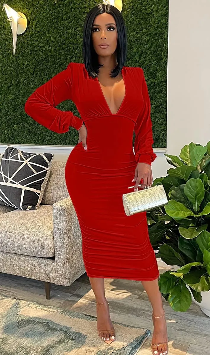 GOBLES Women's Sexy Deep V Neck Long Sleeve Ruched Bodycon Midi Party Dress