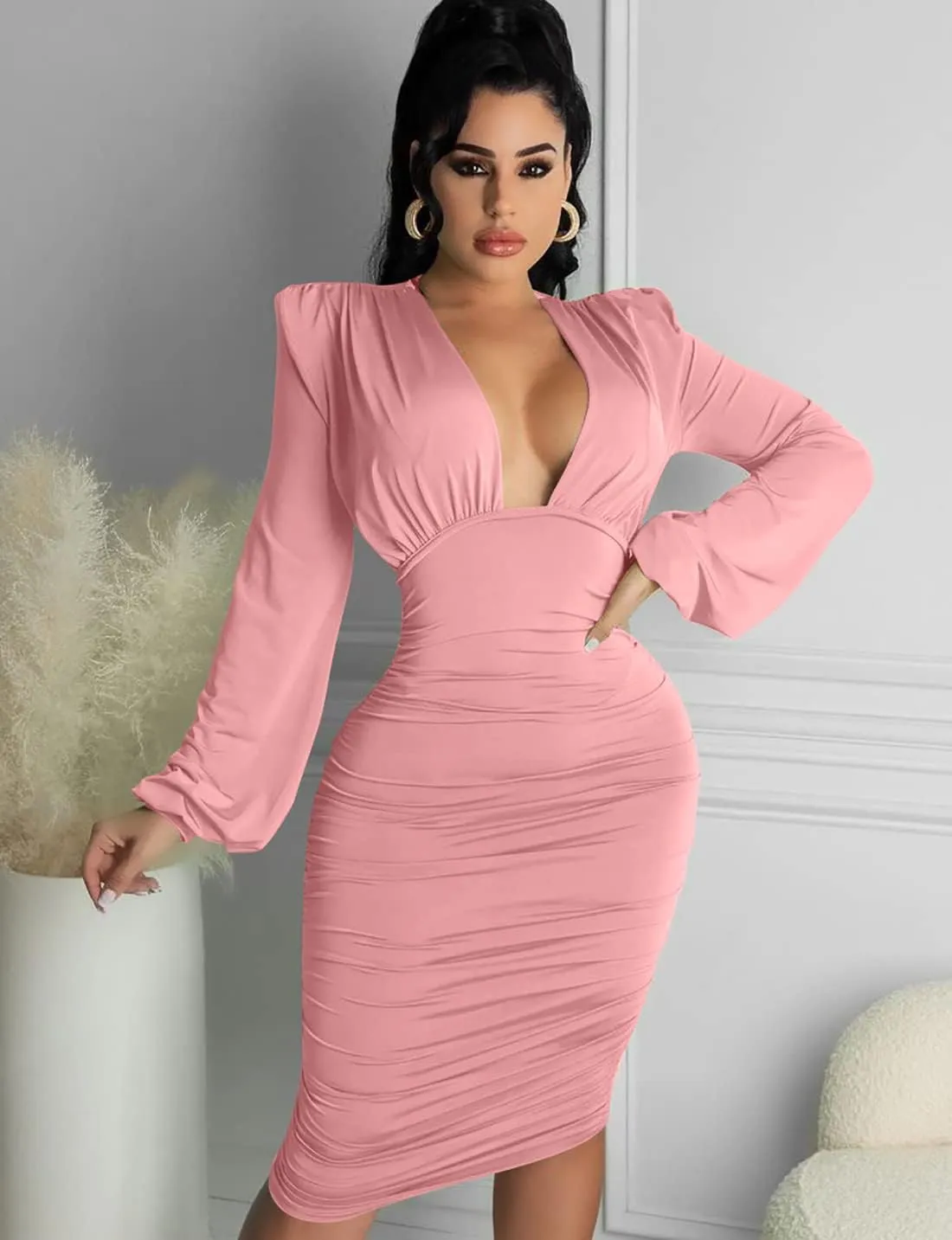 GOBLES Women's Sexy Deep V Neck Long Sleeve Ruched Bodycon Midi Party Dress