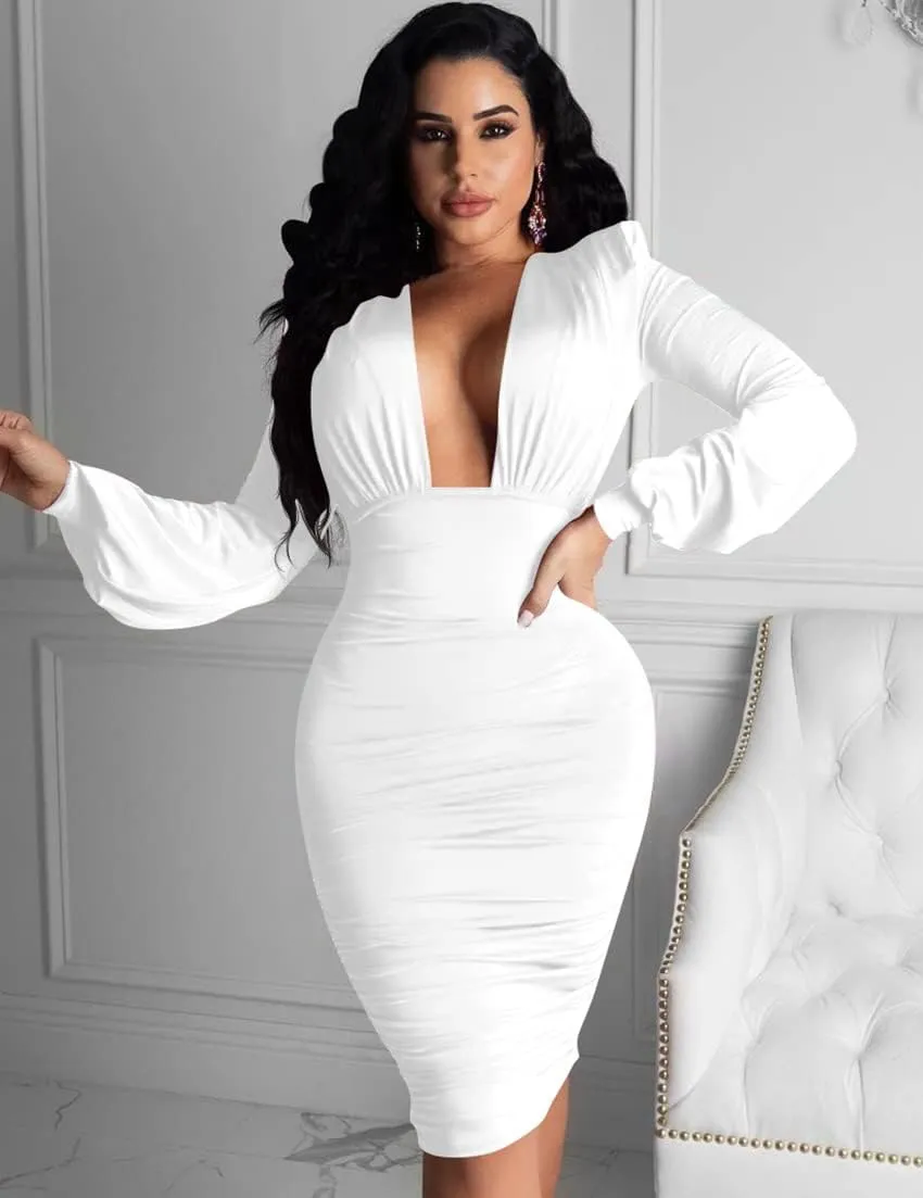 GOBLES Women's Sexy Deep V Neck Long Sleeve Ruched Bodycon Midi Party Dress