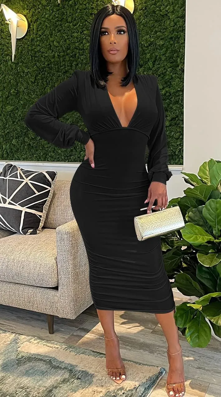 GOBLES Women's Sexy Deep V Neck Long Sleeve Ruched Bodycon Midi Party Dress