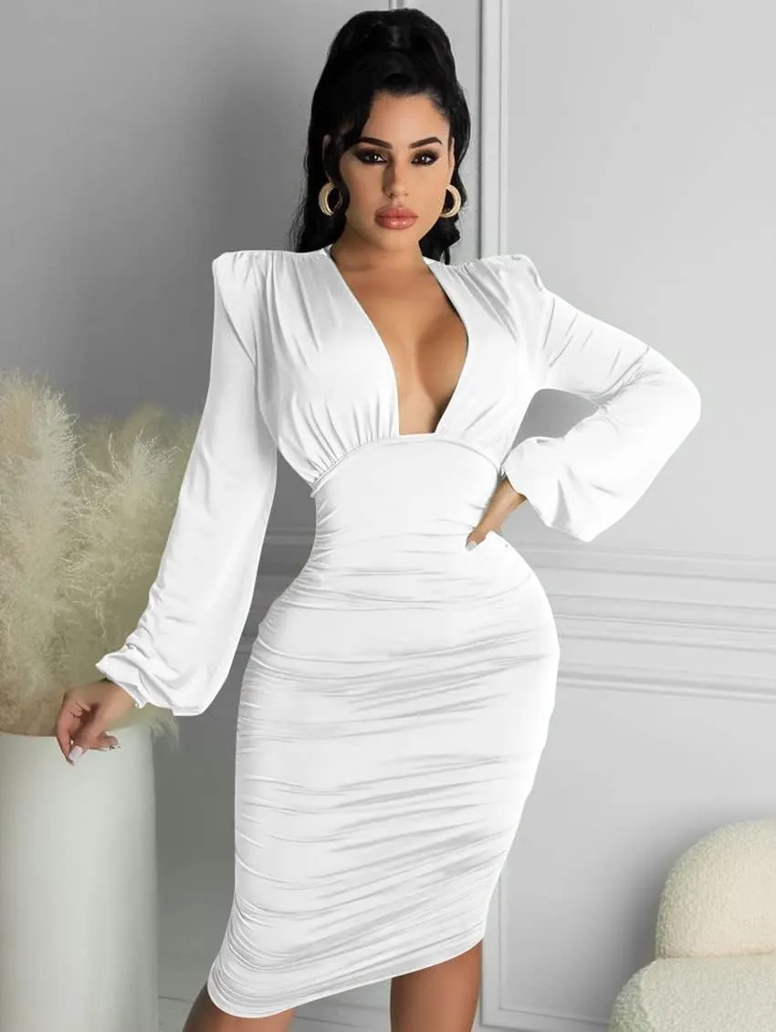 GOBLES Women's Sexy Deep V Neck Long Sleeve Ruched Bodycon Midi Party Dress
